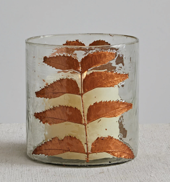 Glass Votive Holder w/ Leaves, Copper