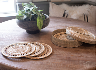 Round Woven Seagrass Placemats with White Trim and Holder