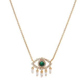 Gold Simple Chain Necklace with Clear Baguette and Malachite Eye