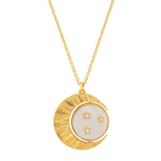 Gold Simple Chain Necklace with Crescent Moon and MOP Spinner Pendant