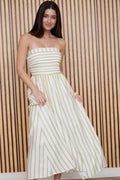 Striped Strapless Linen Midi Dress - Olive