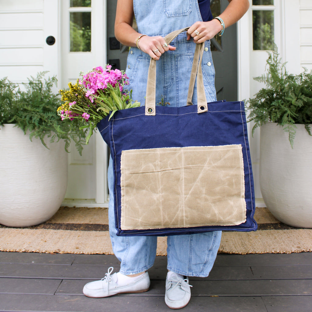 Distressed Canvas Two Tone Tote - Navy & Brown