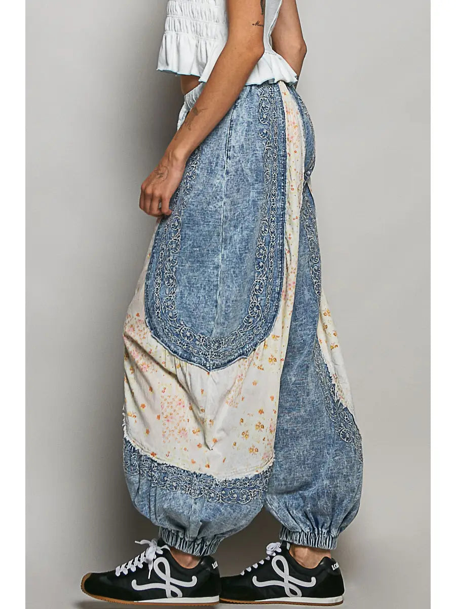 Patchwork Embroidery French Terry Jogger Pants
