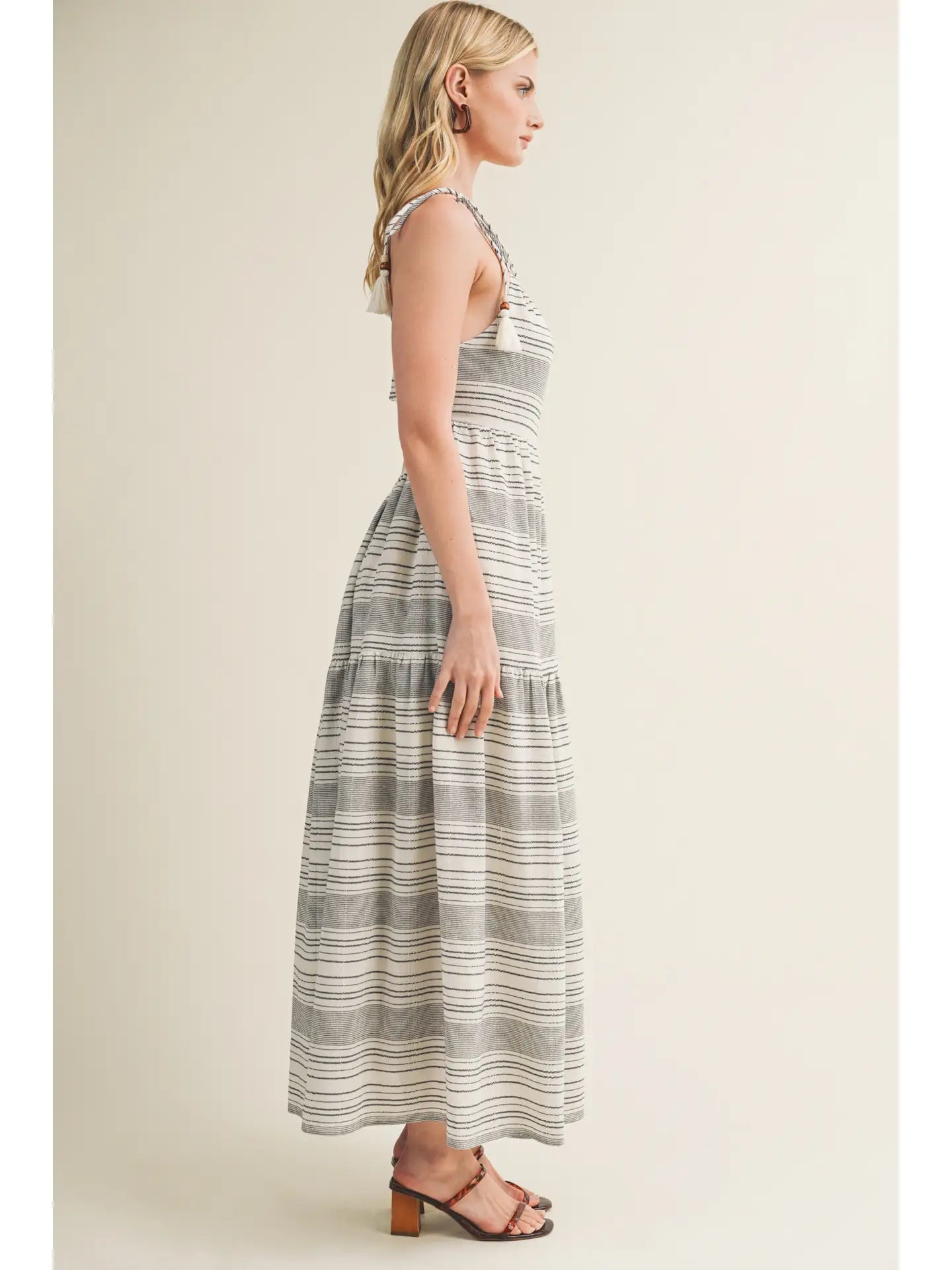 Striped Dress with Tassel and Bead Detail - Black