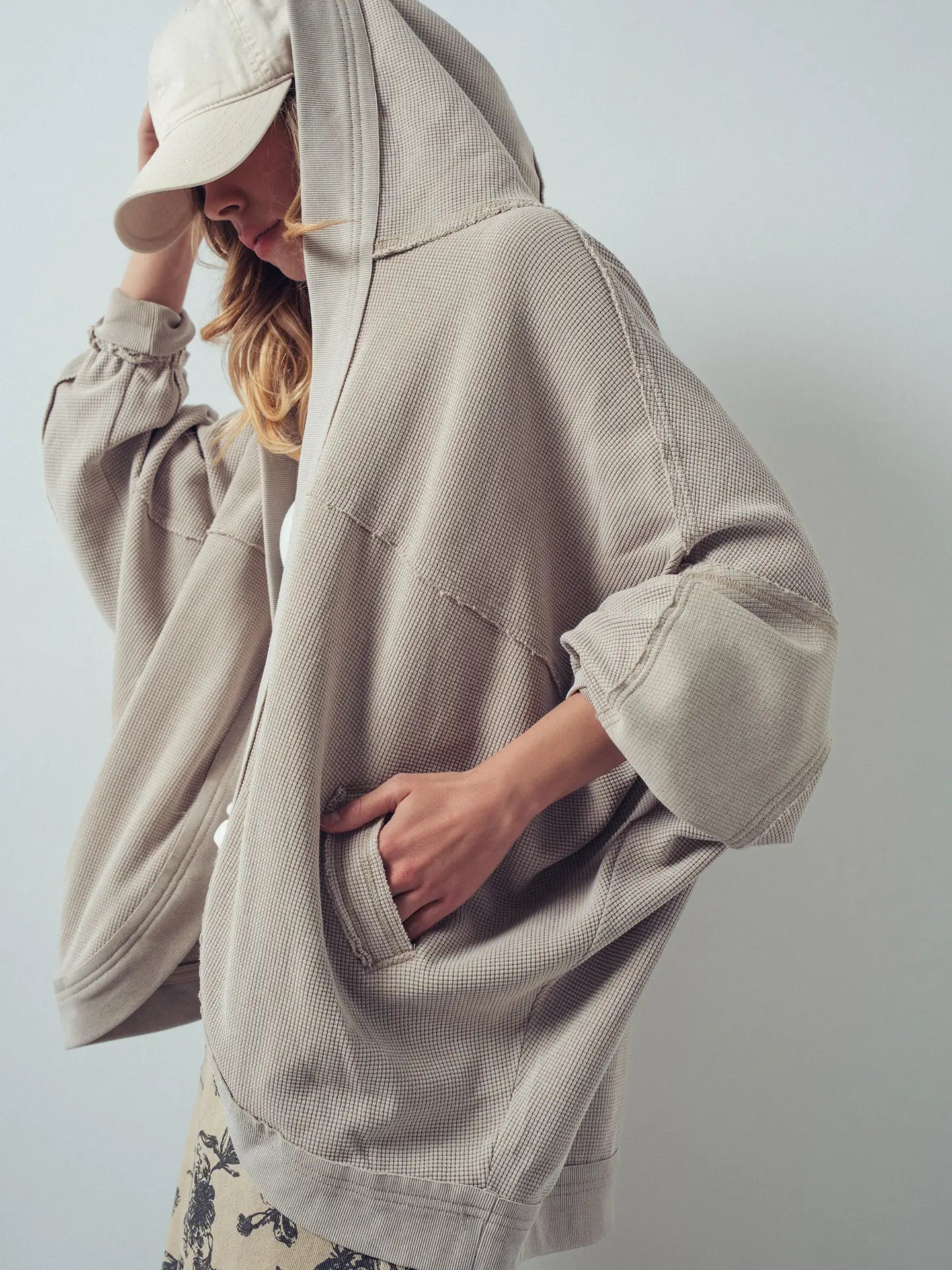 Washed Waffle Knit Hooded Cardigan