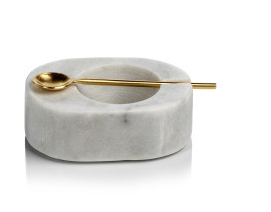 Tuscan White Marble Salt & Pepper Bowl w/ Gold Spoon