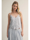 Button Front Lace Bottom Tank - Water Blue