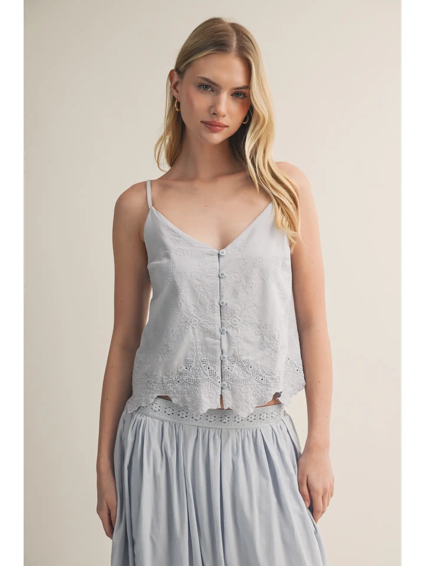 Button Front Lace Bottom Tank - Water Blue
