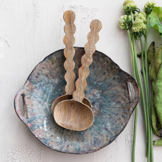 Stoneware Bowl w/ Handles, Blue/Brown
