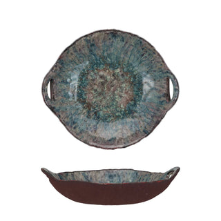 Stoneware Bowl w/ Handles, Blue/Brown