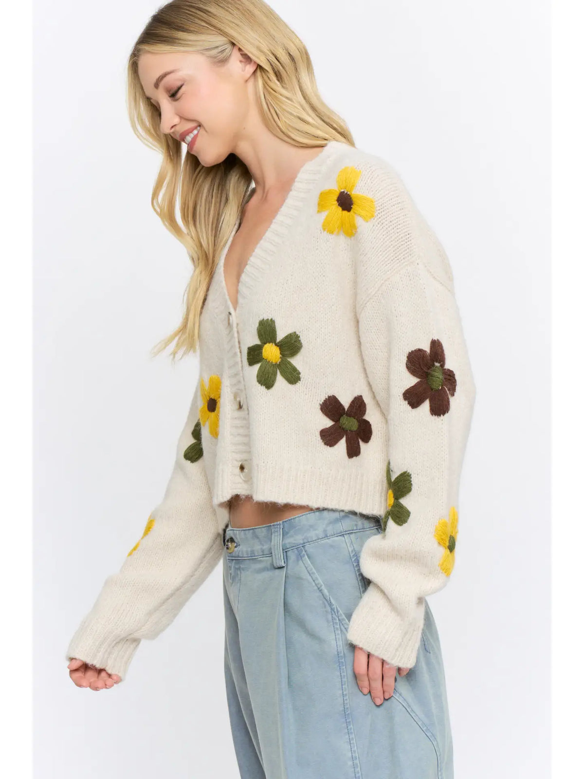 Embroidered Floral Button-Front Cropped Cardigan