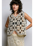 Button Front V-Neck Floral Crochet Vest Top