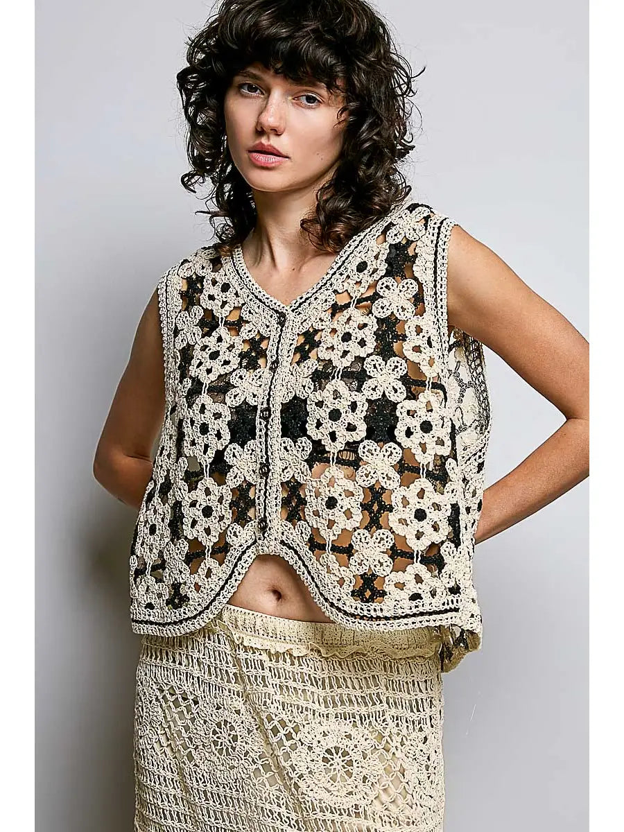 Button Front V-Neck Floral Crochet Vest Top