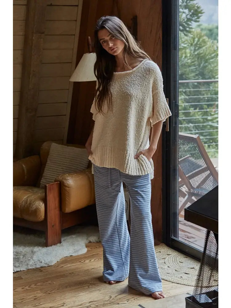 Knit Sweater Cotton Short Sleeve Pullover - Natural
