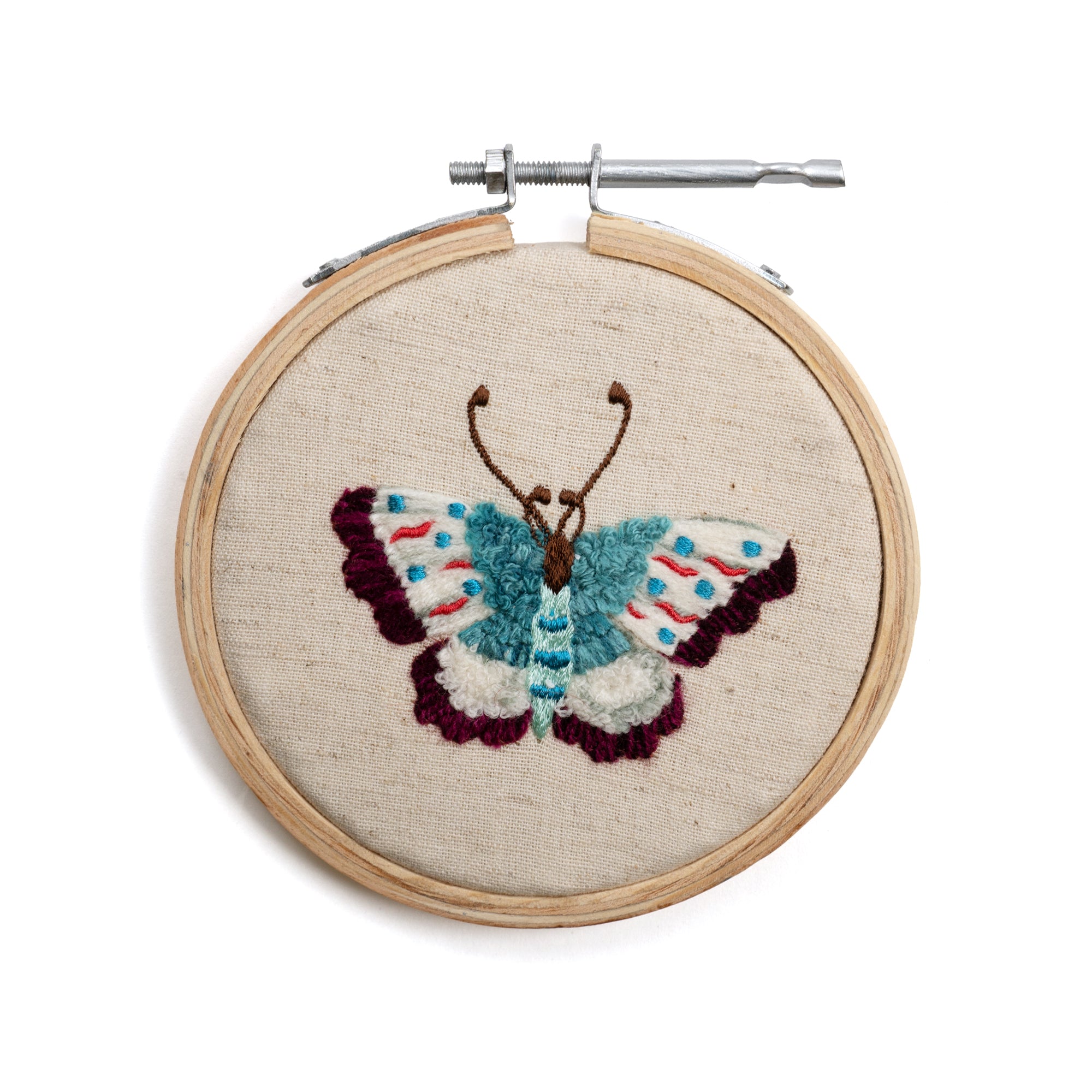 Small Butterfly Embroidery Hoop Collection -Blue & Magenta Wing- 4” Diameter