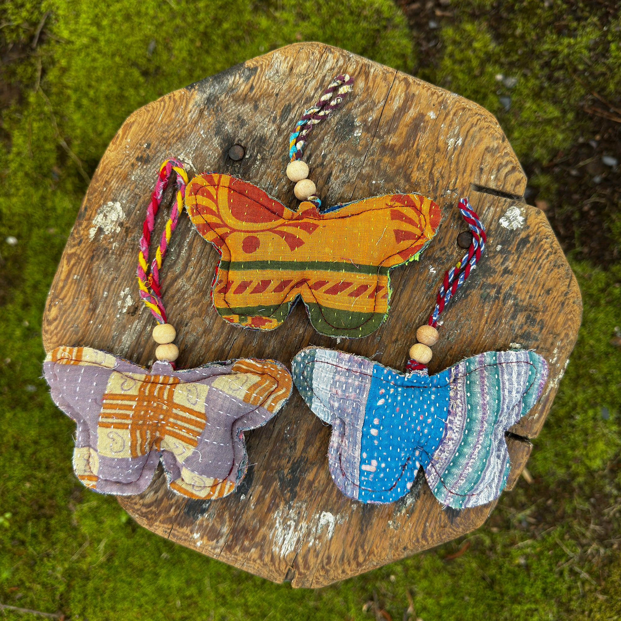 Kantha Butterfly Ornament with Wooden Beads