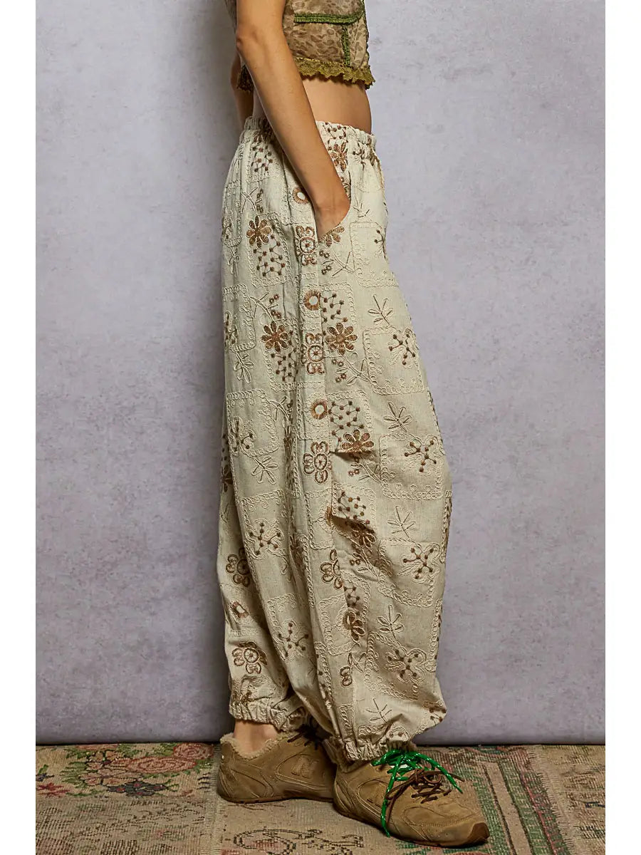 Floral Embroidery Quilted Woven Jogger Pants