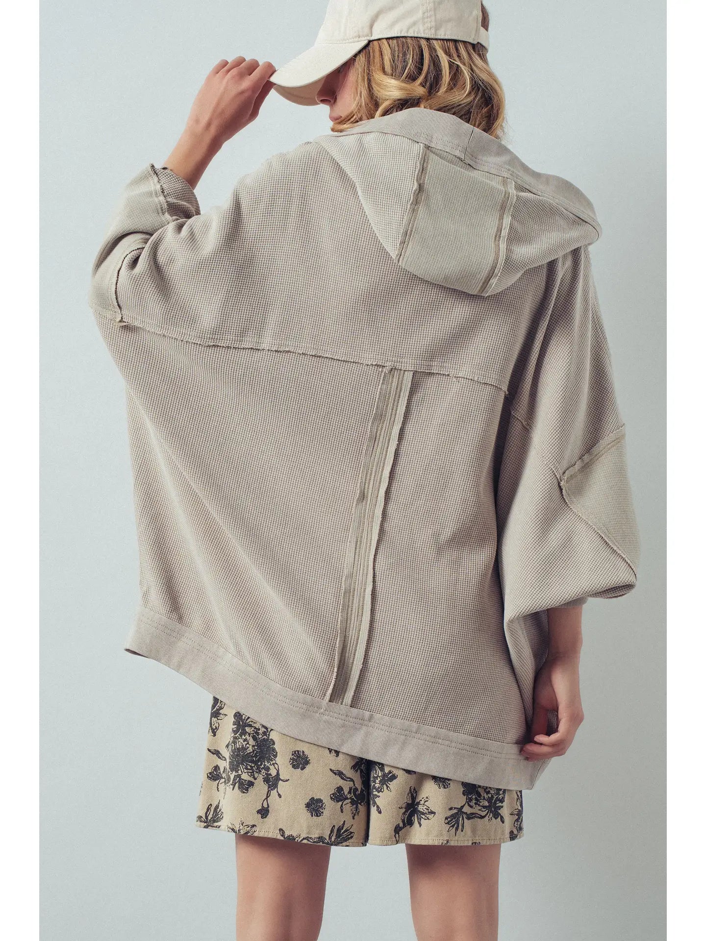Washed Waffle Knit Hooded Cardigan