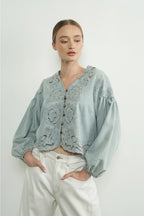 Denim Embroidery Volume Sleeve Blouse Top