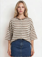 Striped Button Down Cardigan with Raw Edge