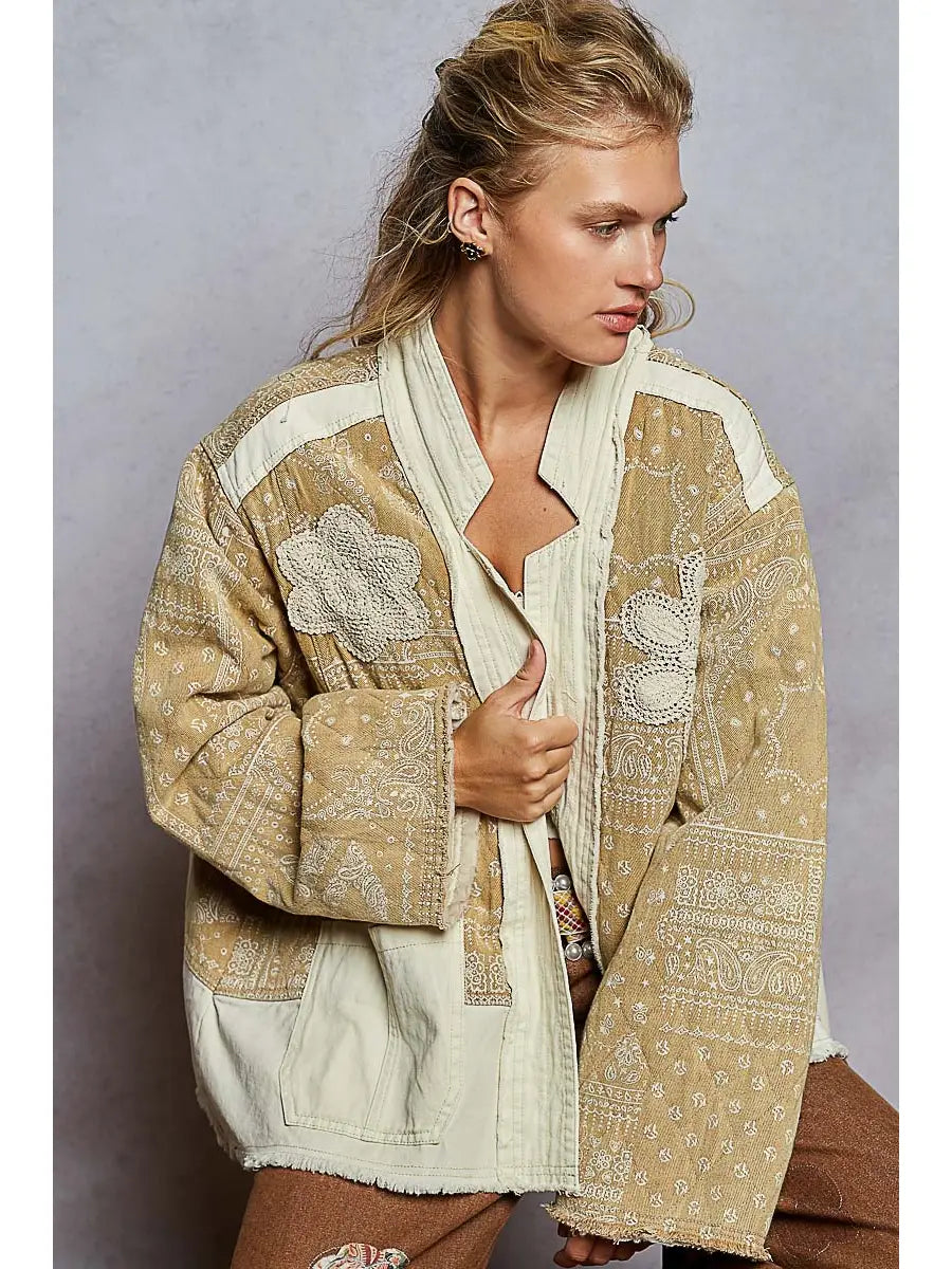 Paisley Patch Detail Quilted Woven Twill Jacket, Natural