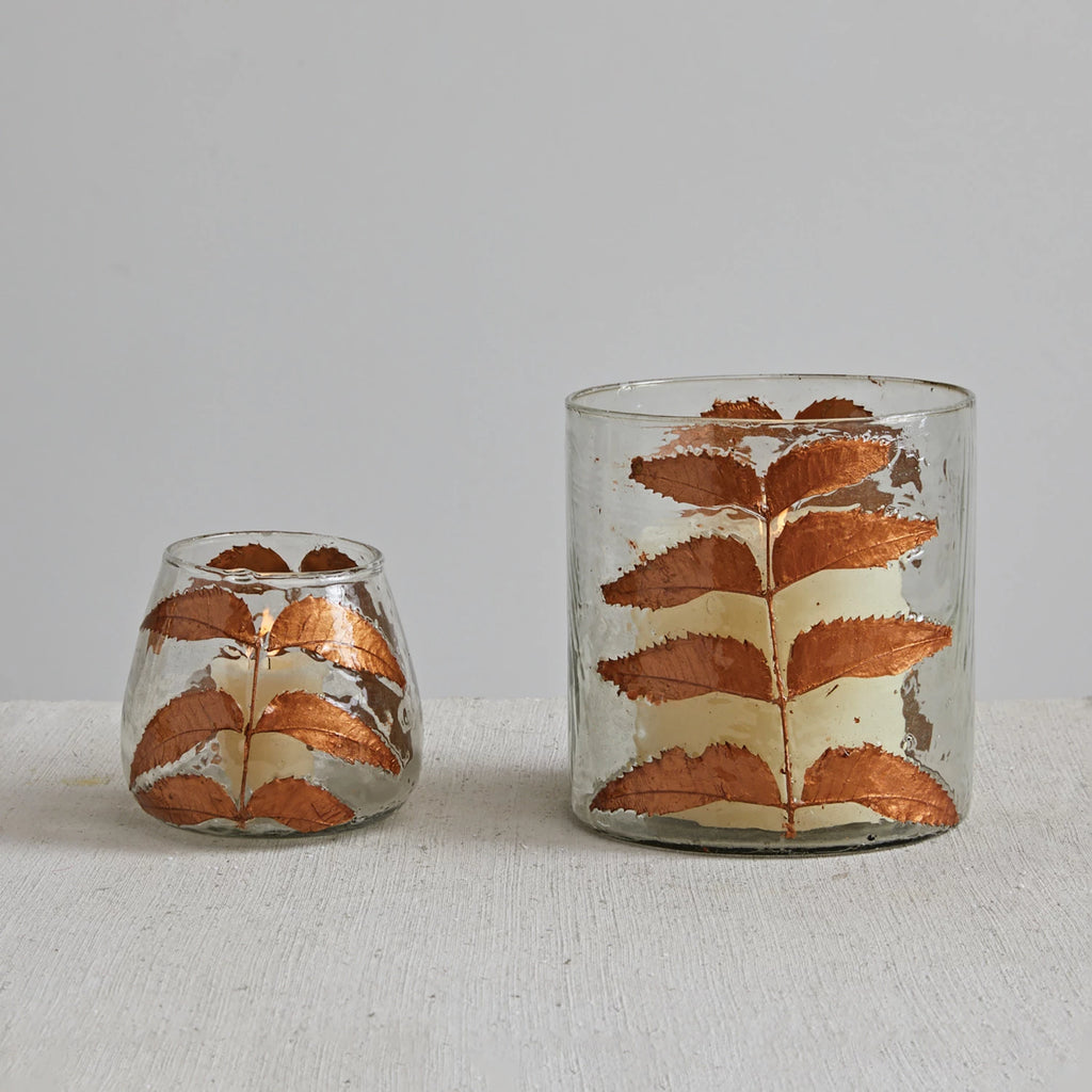 Glass Votive Holder w/ Leaves, Copper