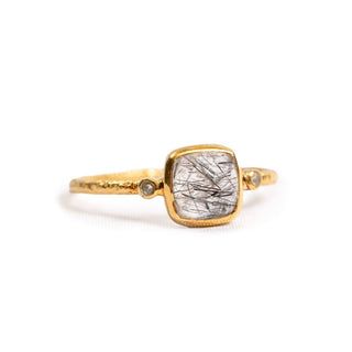 Gold Plated Square Rutilated Quartz Ring - Size
