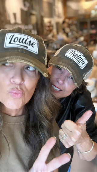 two women wearing "Louise" Distressed Trucker Cap in Black