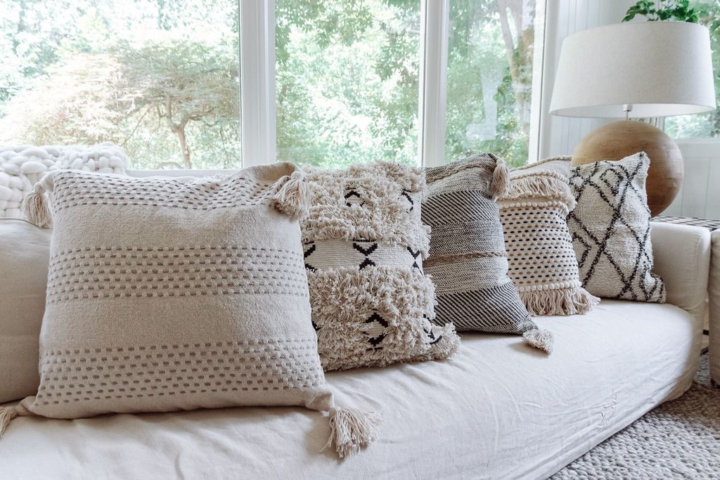 ***Cream Woven Pillow with Fringe and Black/Brown Stitching - 24"x24"