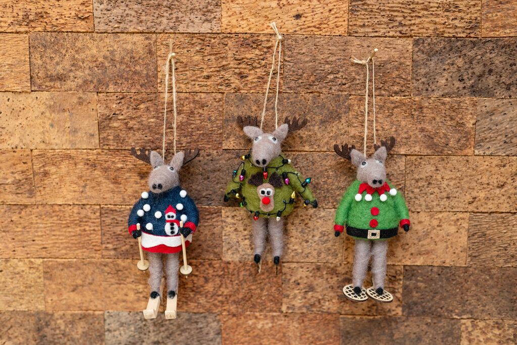 Felt Moose Ornament with Blue Snowman Sweater and Skis