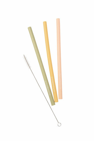 3 Silicone Straws and Brush Set - Mustard, Pink & Sage
