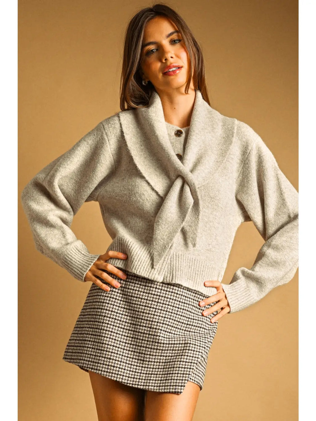 Button Front Sweater Jacket with Tied Collar in Oatmeal