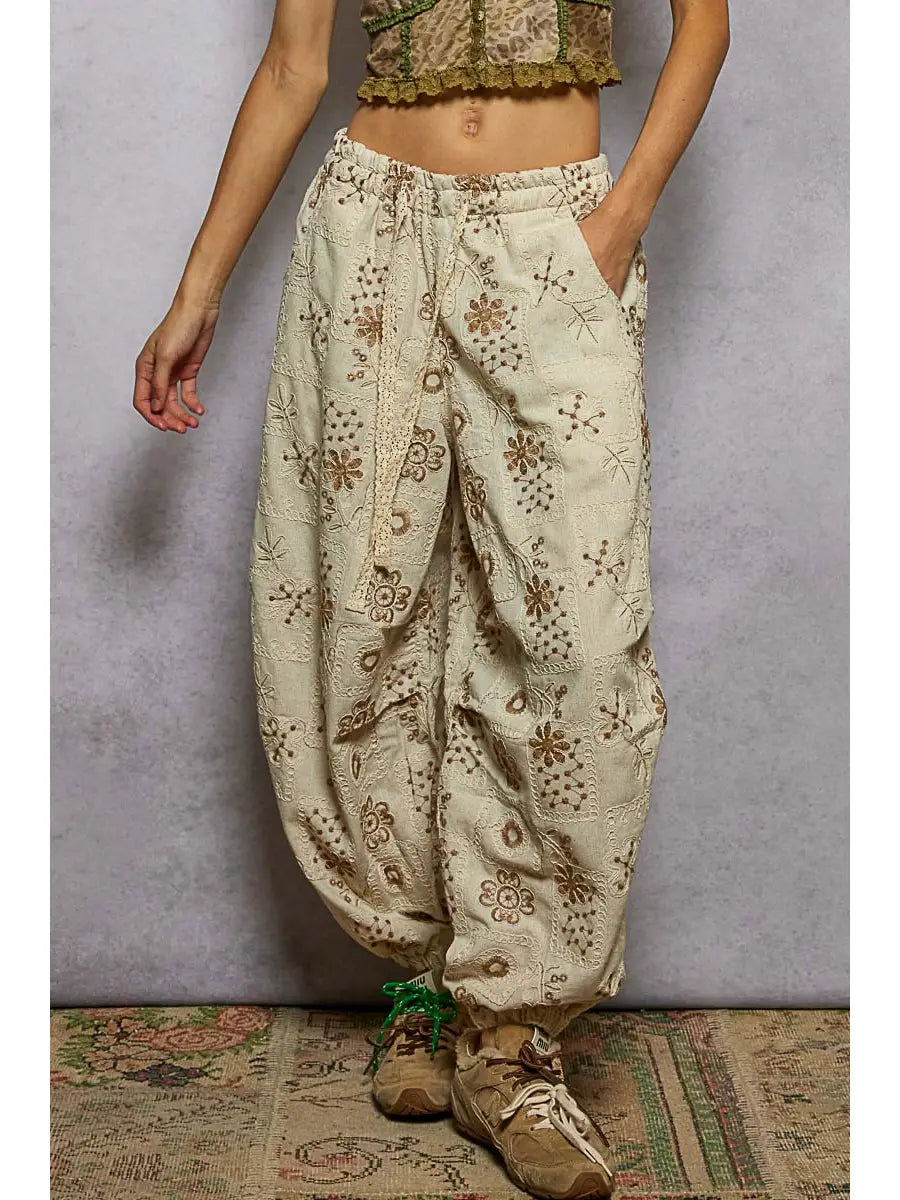 Floral Embroidery Quilted Woven Jogger Pants