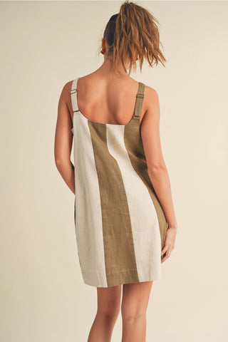 Color Block Linen Mini Dress, Olive/Oatmeal