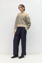 Button Down Striped Sweater, Oatmeal/Black