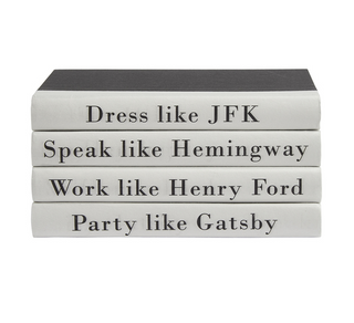 a stack of 4 white books with black text "Dress Like JFK… Quote"