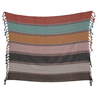 Multi Color Recycled Cotton Blend Striped Throw with Fringe