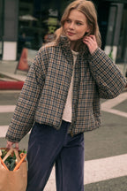 Plaid High-Neck Cropped Puffer Jacket