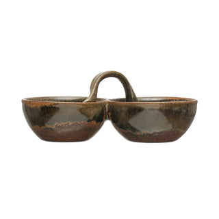 Stoneware Dish w/ 2 Sections & Handle, Brown