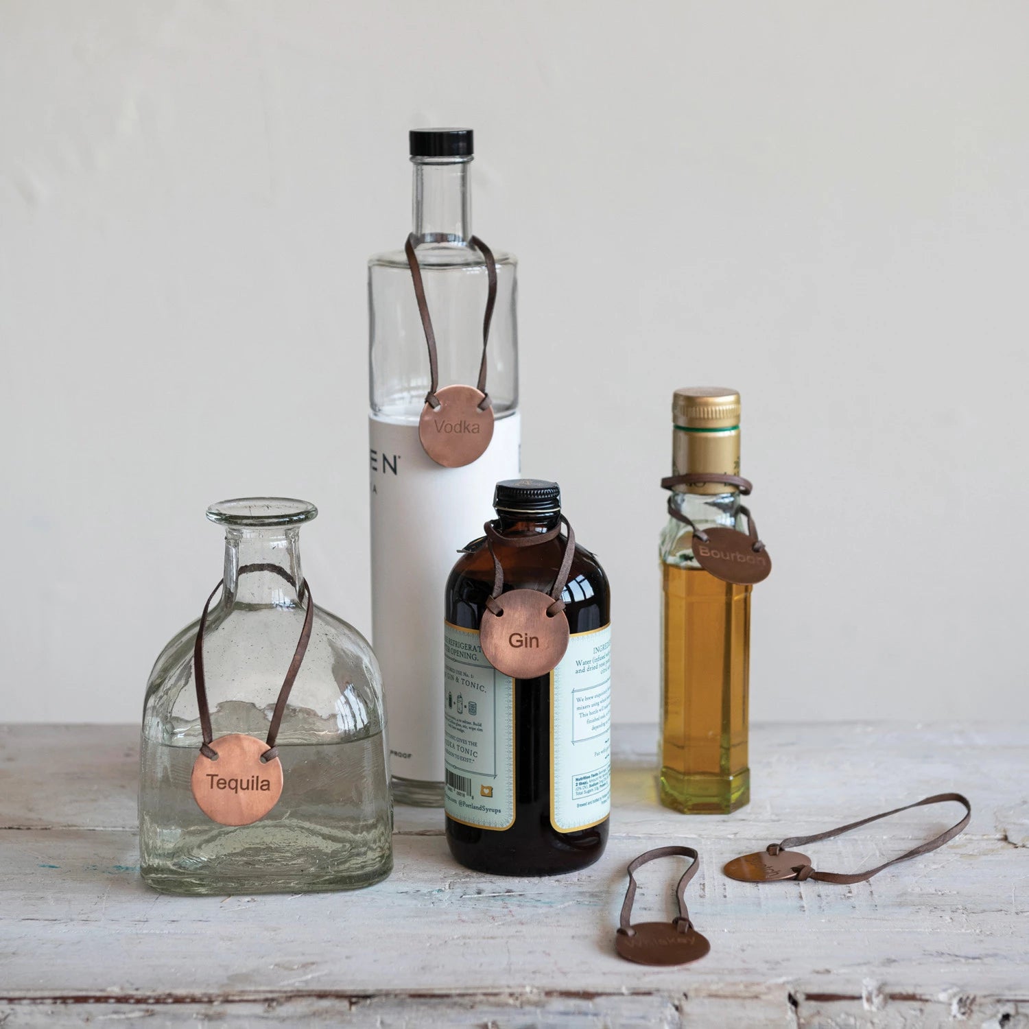 Metal Bottle Tag w/ Leather Tie,  Copper, Set of 6