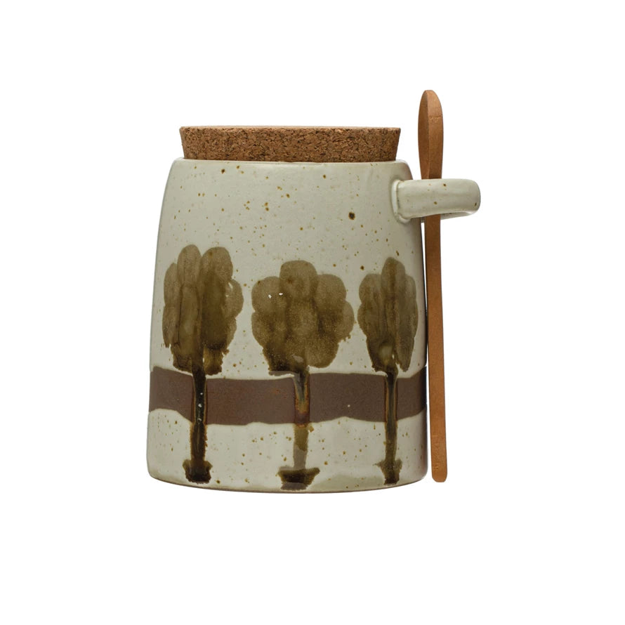 Hand-Painted Stoneware Jar w/ Trees, Lid &  Spoon, S/2