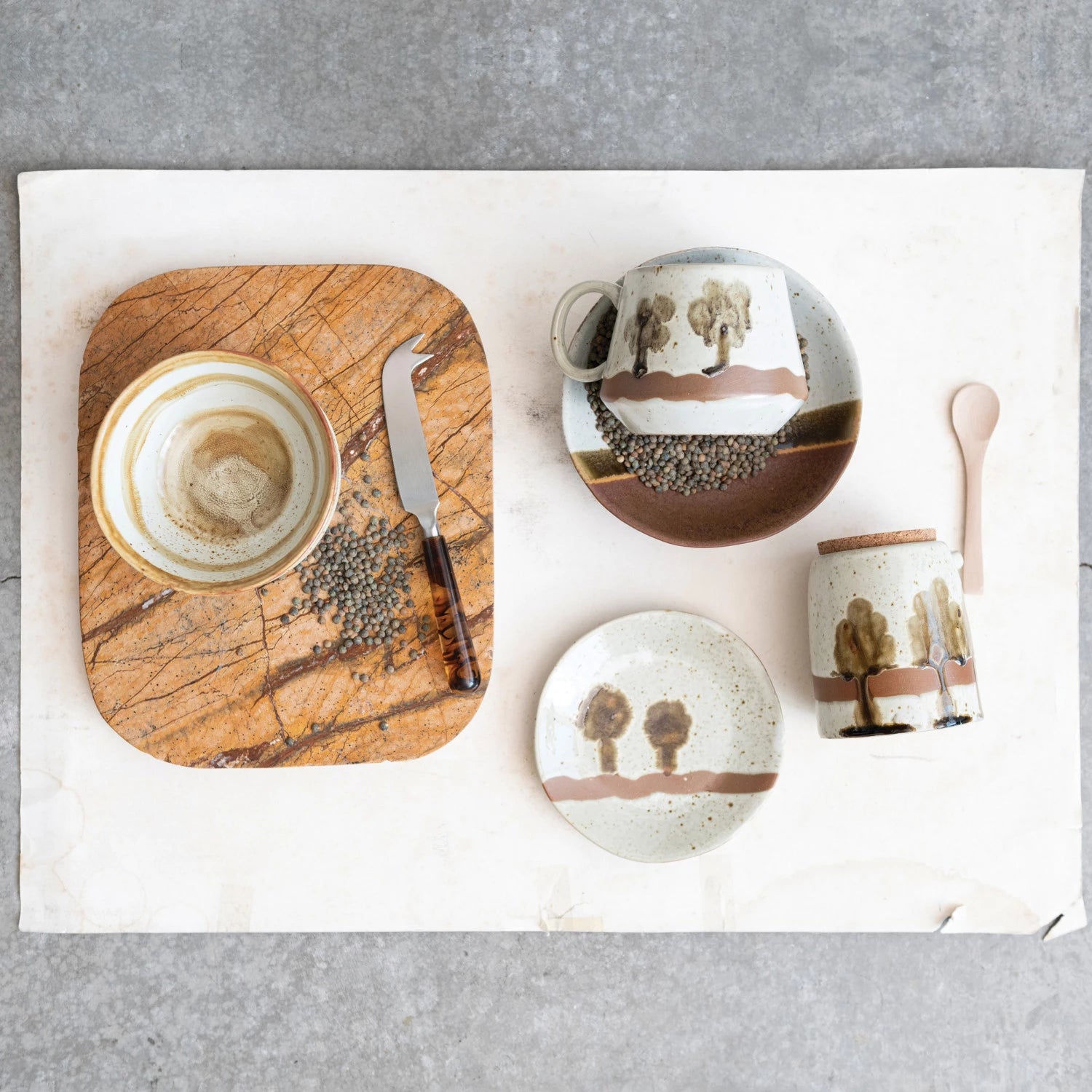 Hand-Painted Stoneware Jar w/ Trees, Lid &  Spoon, S/2