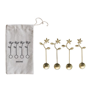 Brass Spoons w/ Flower Handles, Set of 4 in Bag