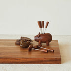 Wood Pig Holder w/ 6 Appetizer Forks, Set
