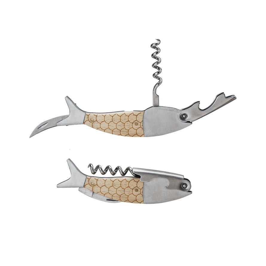Wood & Stainless Steel Fish Bottle Opener/Corkscrew