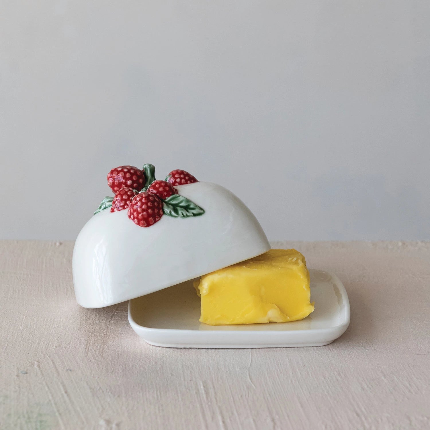 Stoneware Butter Dish with Raspberry Shaped Handle
