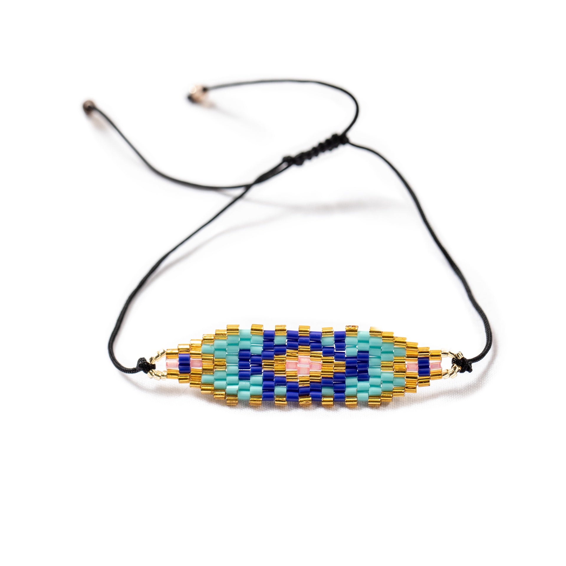 Blue & Gold Patterned Beaded Bracelet