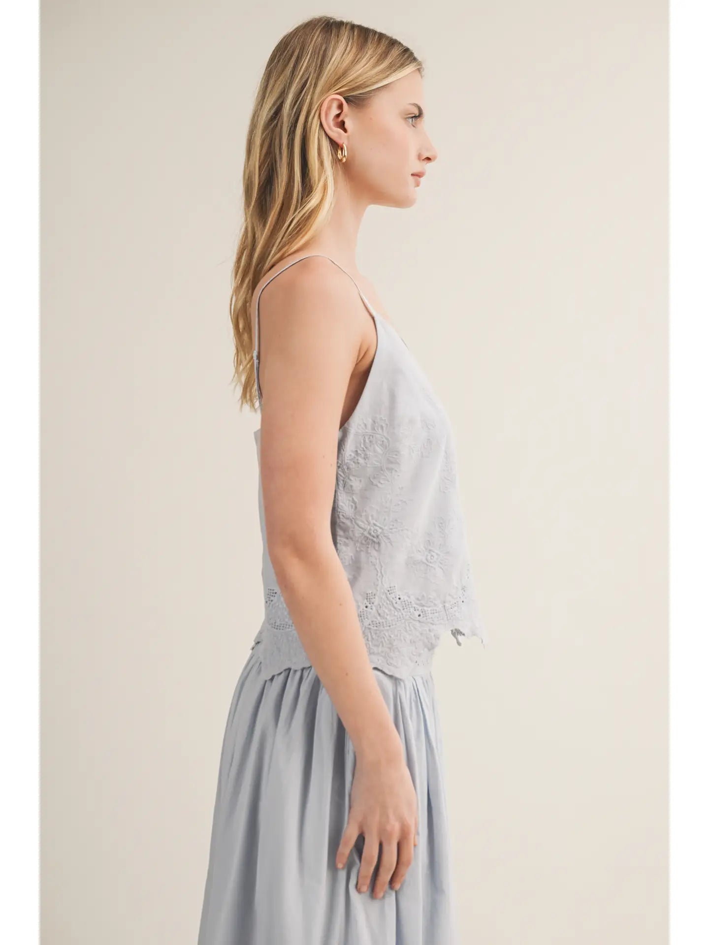 Button Front Lace Bottom Tank - Water Blue