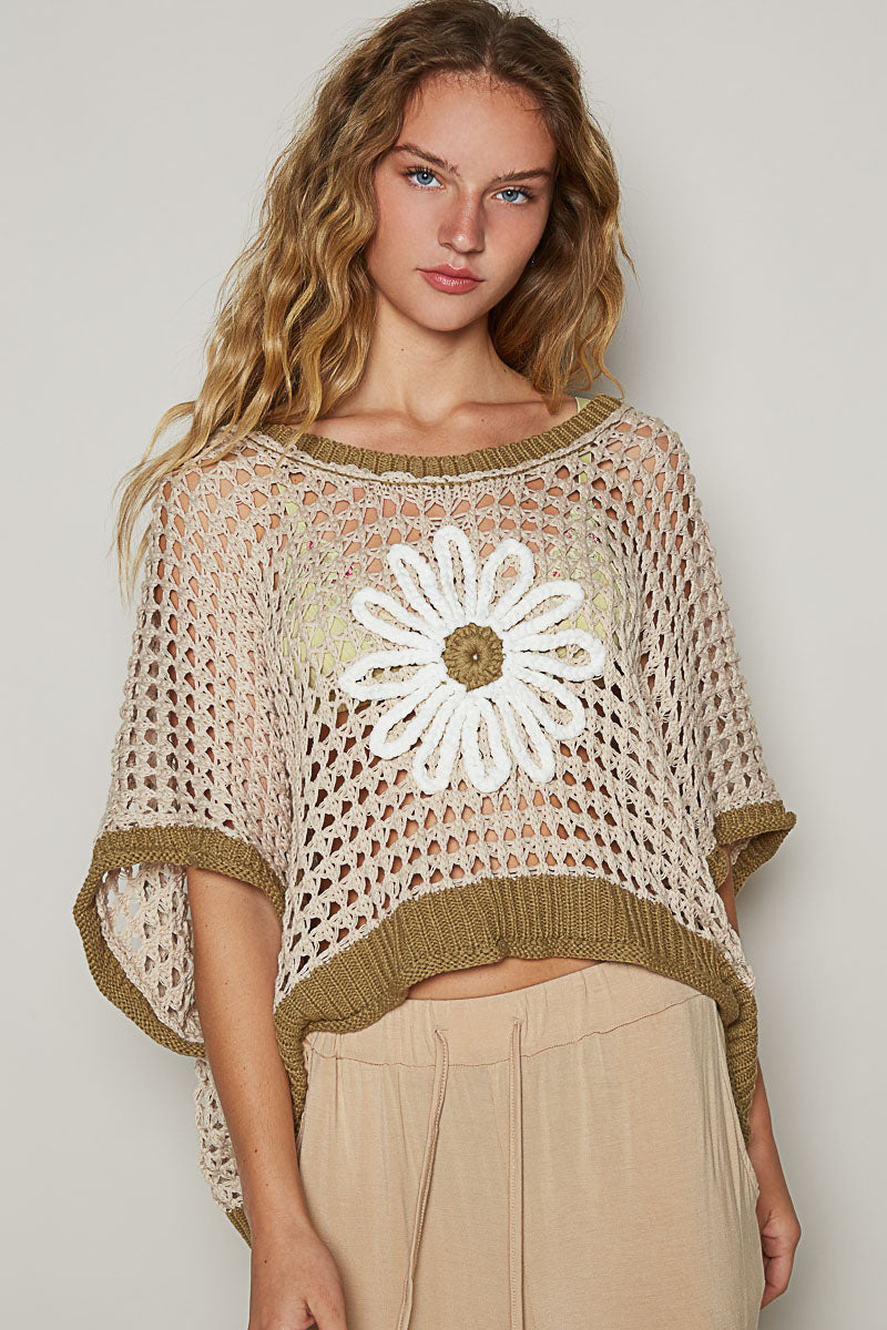 Round Neck Sleeveless Floral Thin Sweater Top