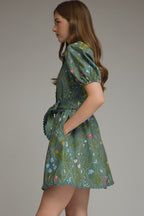 Floral Print Puff Sleeve Mini Dress with Scallop Trim